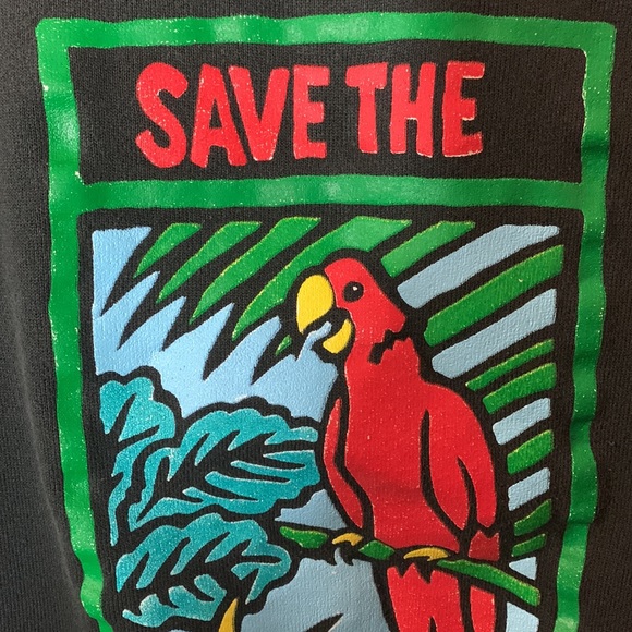 VINTAGE 89’s Save the Rainforest Red macaw tropical black sweatshirt Sz L cozy - Picture 5 of 17